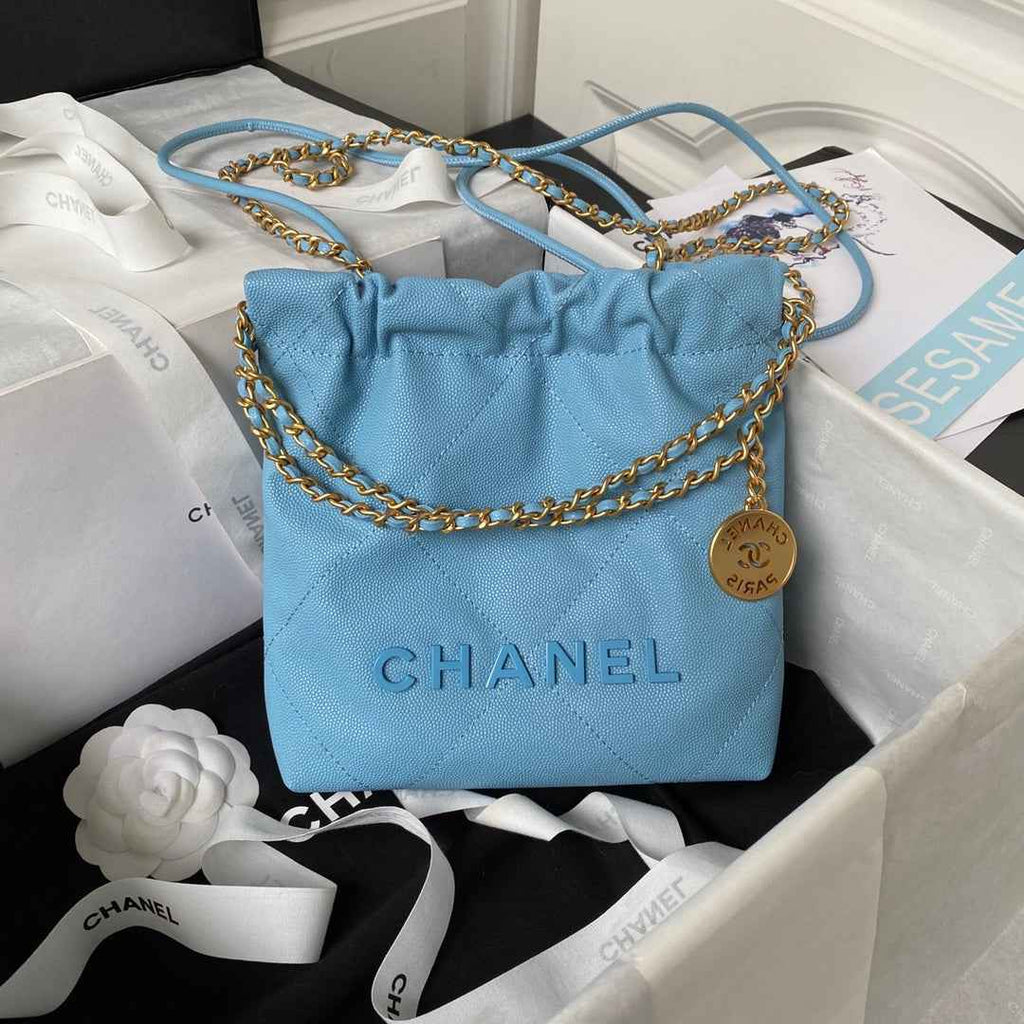 Chanel 22 Mini bag AS3980 Shiny Grained Calfskin Gold-Tone Blue