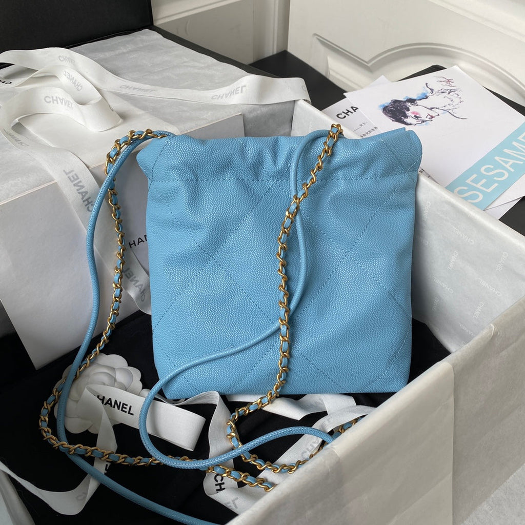 Chanel 22 Mini bag AS3980 Shiny Grained Calfskin Gold-Tone Blue