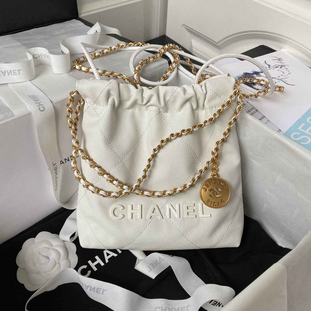 Chanel 22 Mini bag AS3980 Shiny Grained Calfskin Gold-Tone White