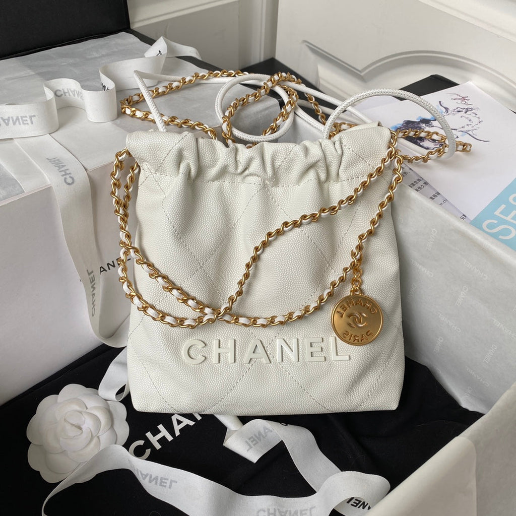 Chanel 22 Mini bag AS3980 Shiny Grained Calfskin Gold-Tone White
