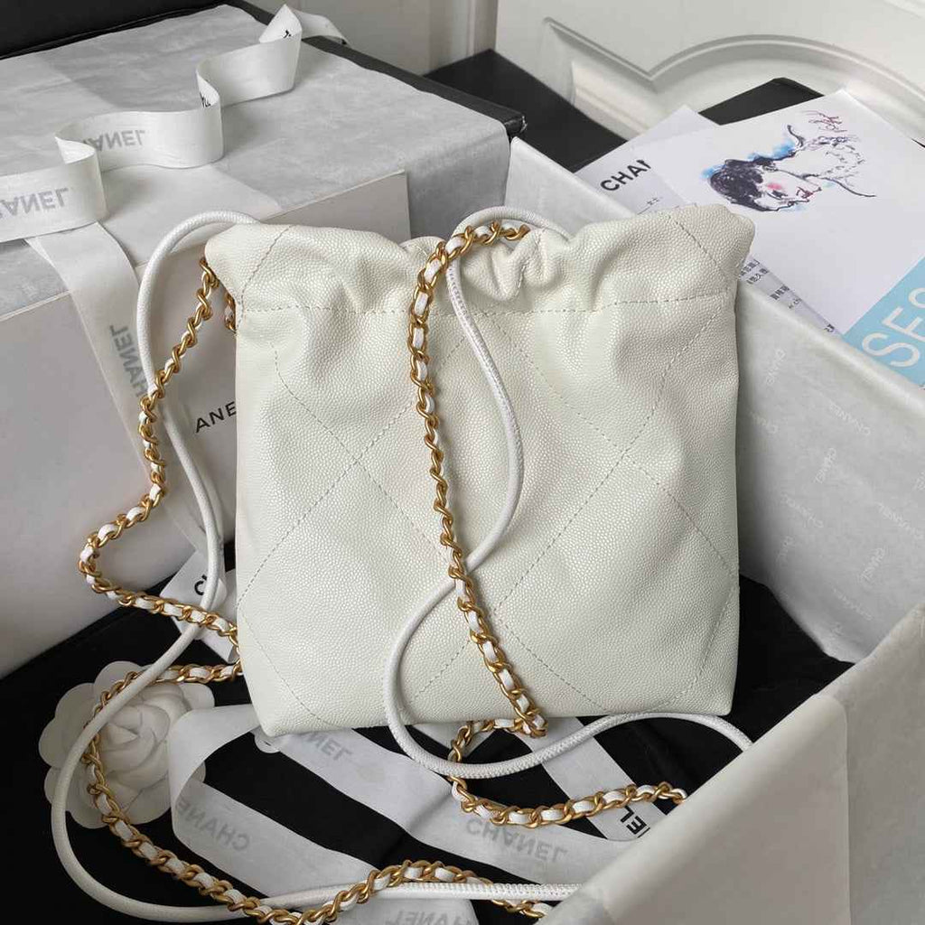 Chanel 22 Mini bag AS3980 Shiny Grained Calfskin Gold-Tone White