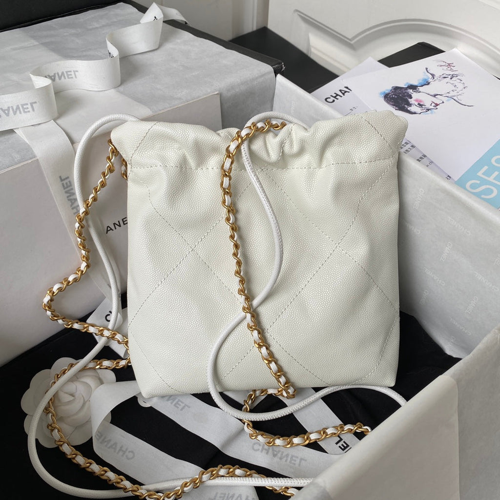 Chanel 22 Mini bag AS3980 Shiny Grained Calfskin Gold-Tone White