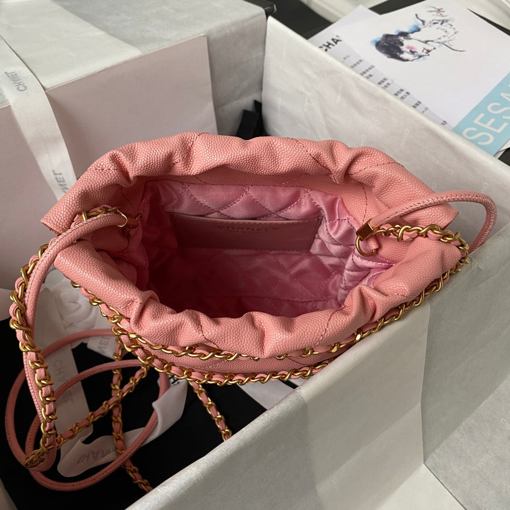 Chanel 22 Mini bag AS3980 Shiny Grained Calfskin Gold-Tone Pink