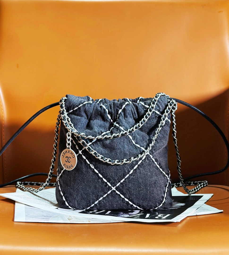 Chanel 22 Mini bag AS3980 Blue Stitched Denim Silver-Tone