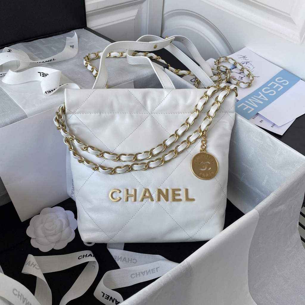 Chanel 22 Mini Handbag AS3263 Calfskin Leather In White Gold