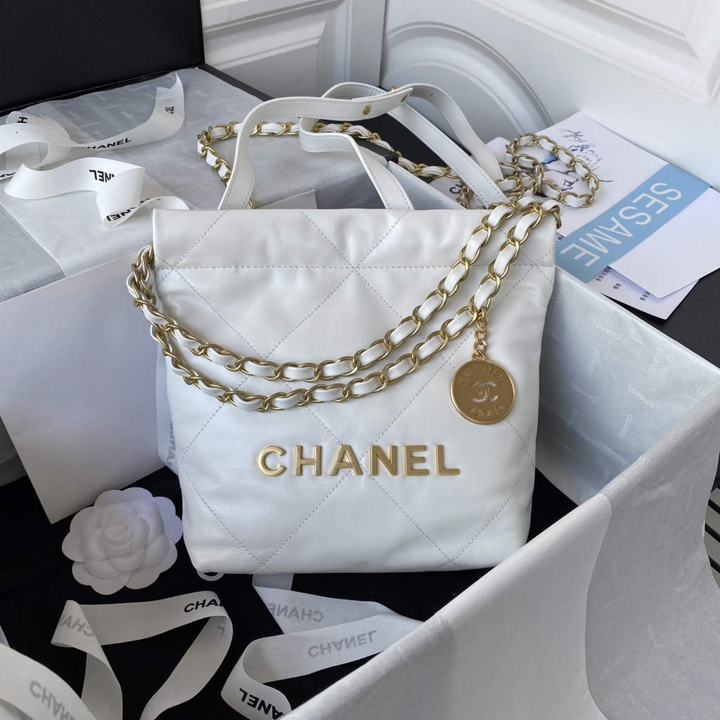 Chanel 22 Mini Handbag AS3263 Calfskin Leather In White Gold
