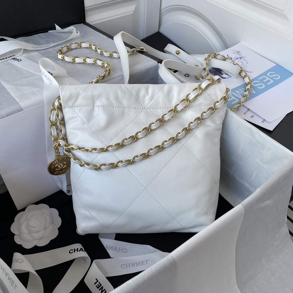Chanel 22 Mini Handbag AS3263 Calfskin Leather In White Gold