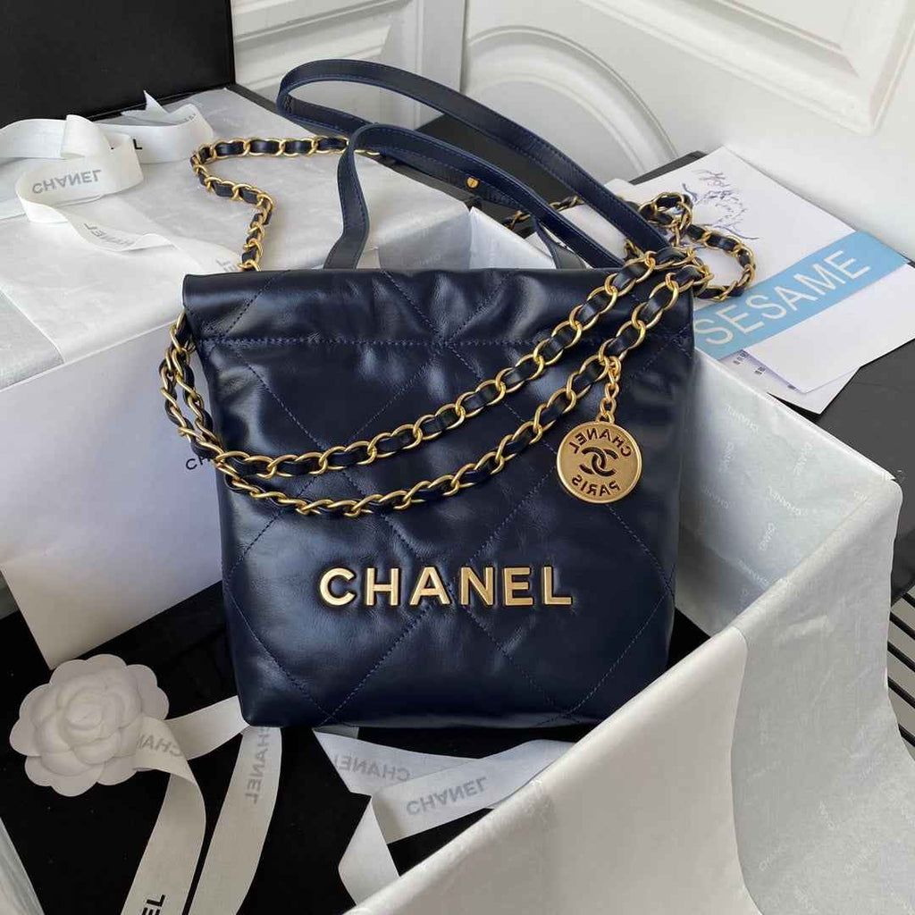 Chanel 22 Mini Handbag AS3263 Calfskin Leather In Navy Blue