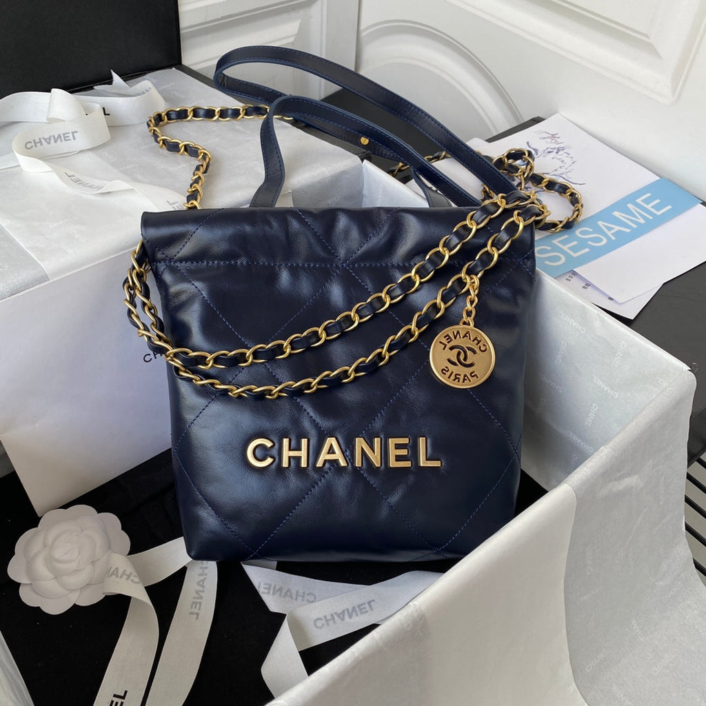 Chanel 22 Mini Handbag AS3263 Calfskin Leather In Navy Blue