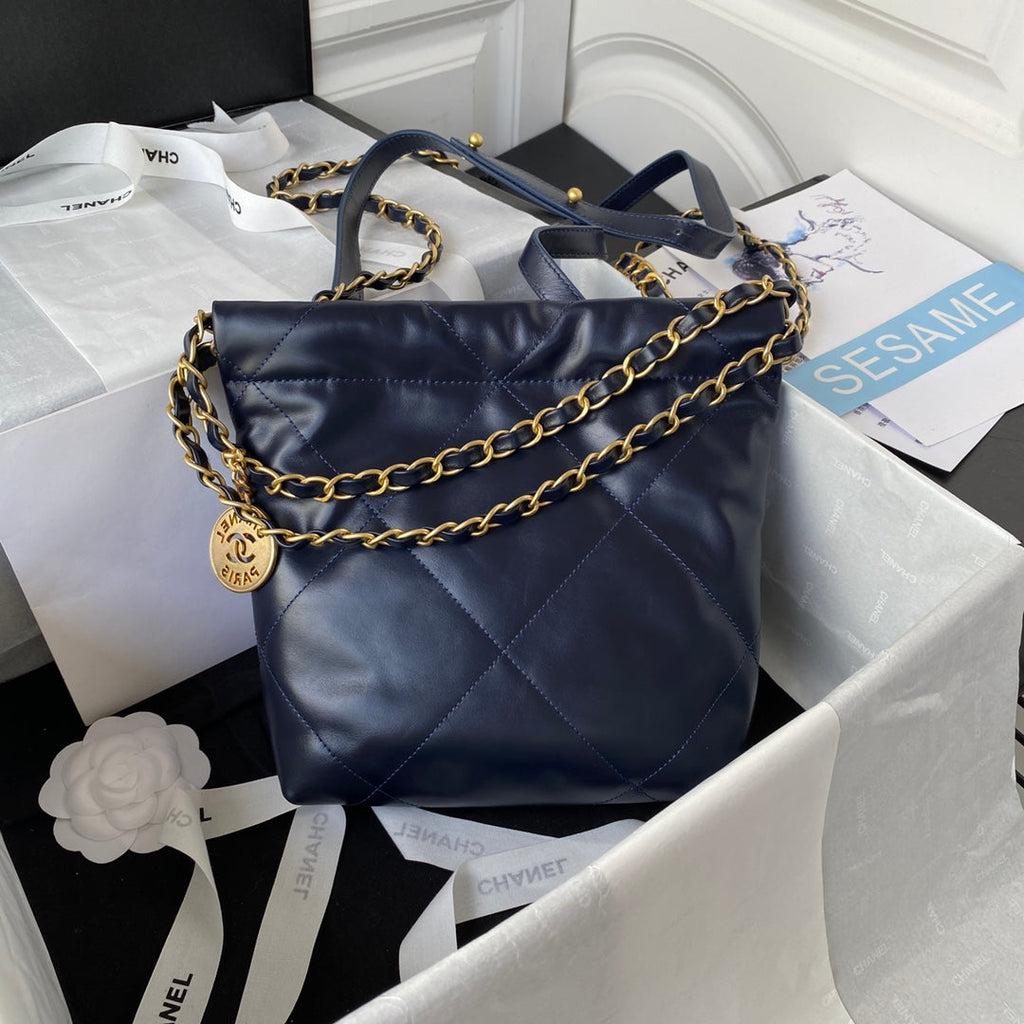 Chanel 22 Mini Handbag AS3263 Calfskin Leather In Navy Blue