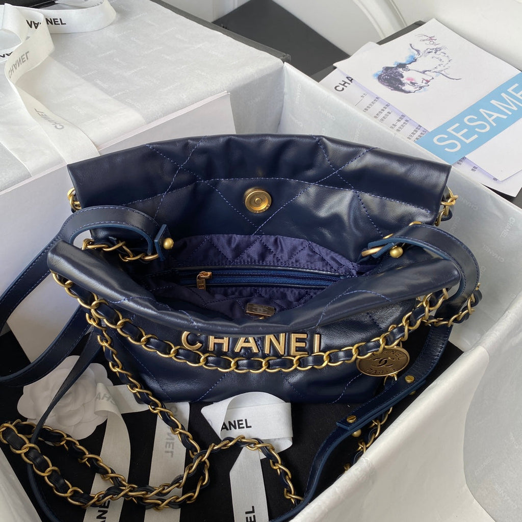 Chanel 22 Mini Handbag AS3263 Calfskin Leather In Navy Blue