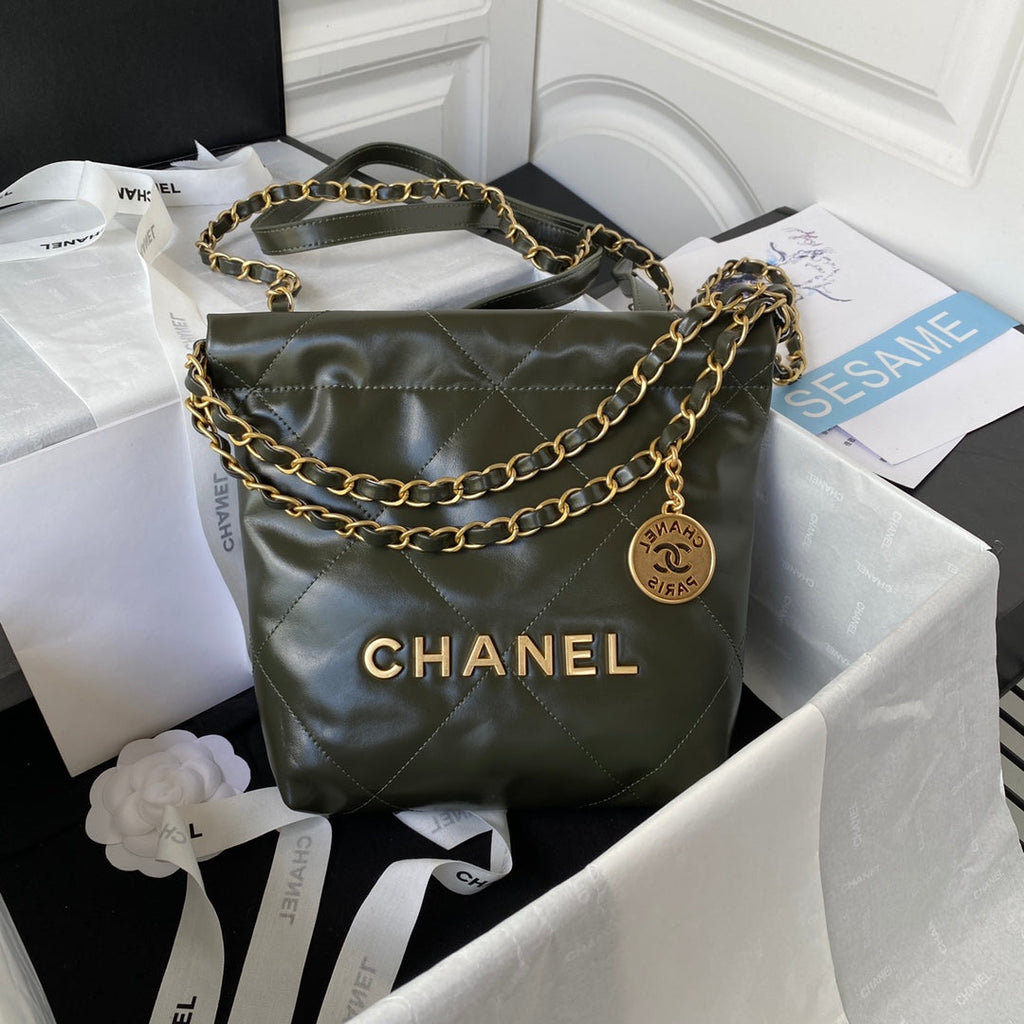Chanel 22 Mini Handbag AS3263 Calfskin Leather In Dark Green