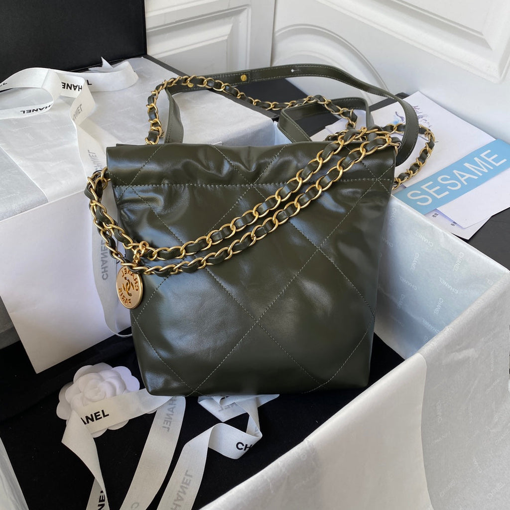 Chanel 22 Mini Handbag AS3263 Calfskin Leather In Dark Green