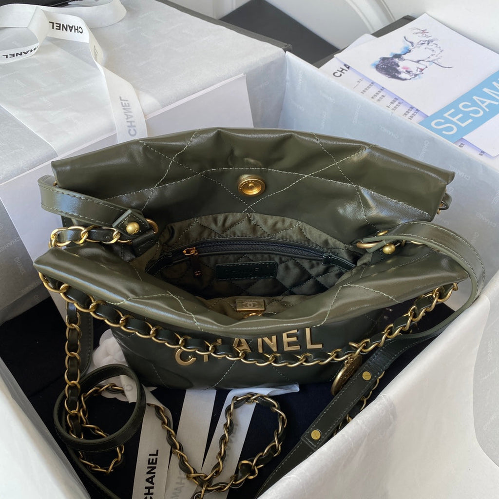 Chanel 22 Mini Handbag AS3263 Calfskin Leather In Dark Green