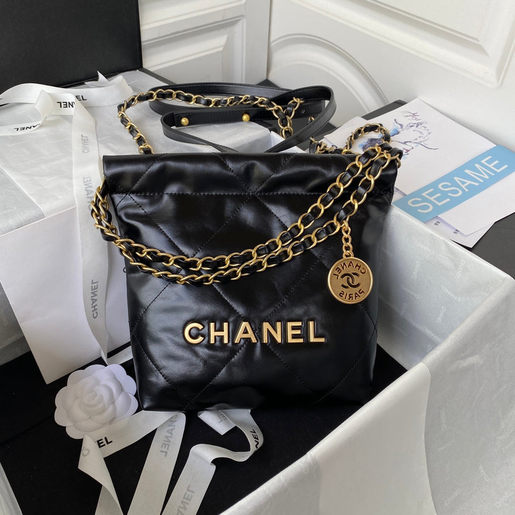 Chanel 22 Mini Handbag AS3263 Calfskin Leather In Black Gold