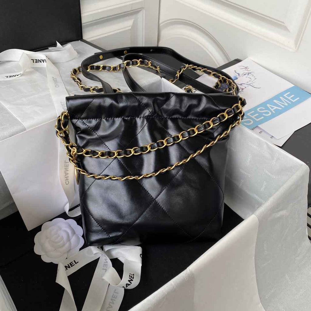 Chanel 22 Mini Handbag AS3263 Calfskin Leather In Black Gold