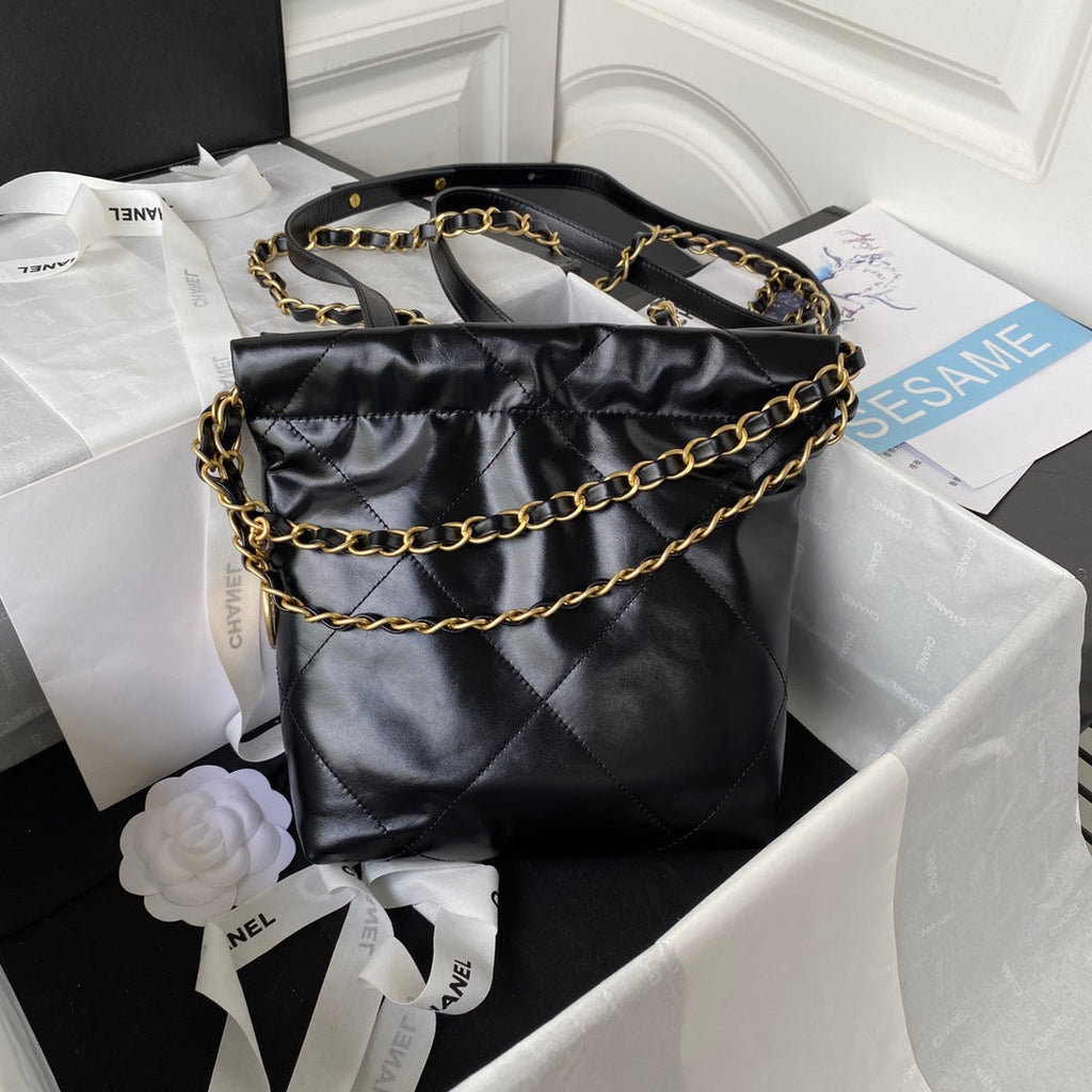 Chanel 22 Mini Handbag AS3263 Calfskin Leather In Black Gold