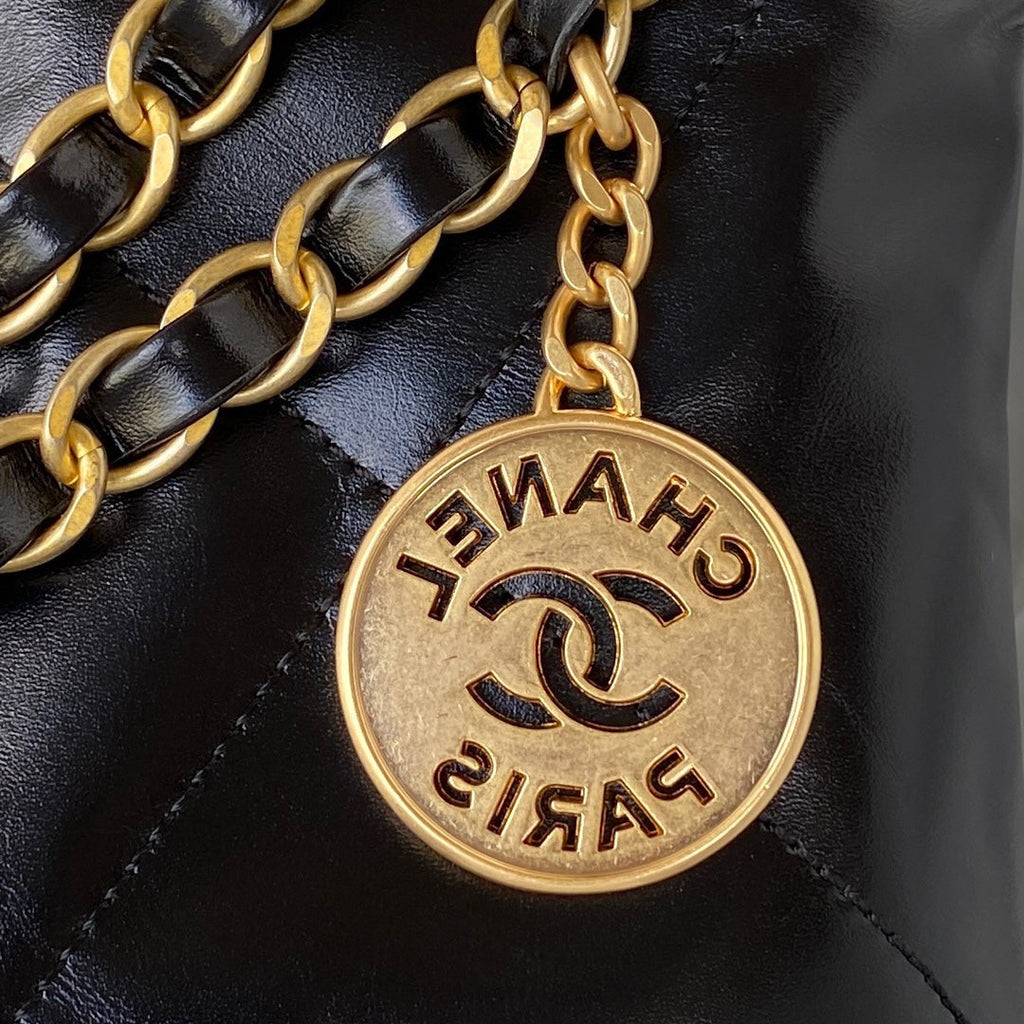 Chanel 22 Mini Handbag AS3263 Calfskin Leather In Black Gold