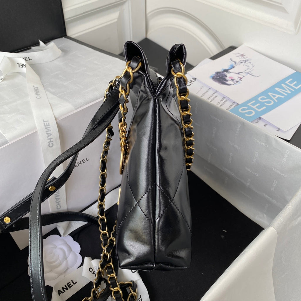 Chanel 22 Mini Handbag AS3263 Calfskin Leather In Black Gold