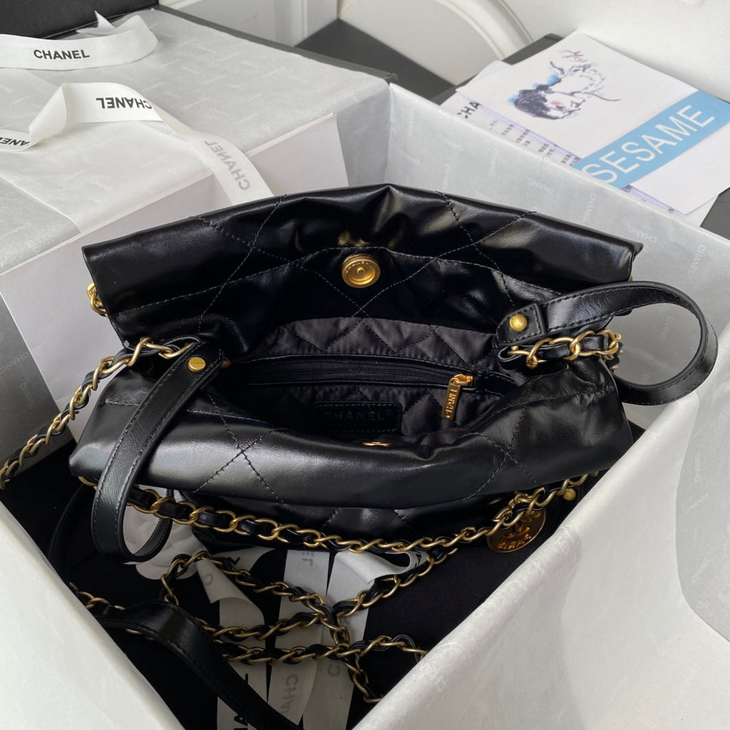 Chanel 22 Mini Handbag AS3263 Calfskin Leather In Black Gold