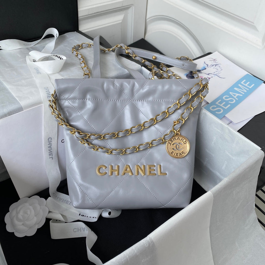 Chanel 22 Mini Handbag AS3263 Calfskin Leather In Gray