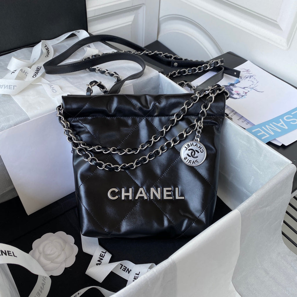 Chanel 22 Mini Handbag AS3263 Calfskin Leather In Black Silver