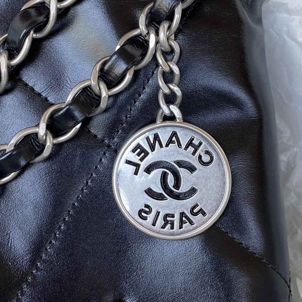 Chanel 22 Mini Handbag AS3263 Calfskin Leather In Black Silver
