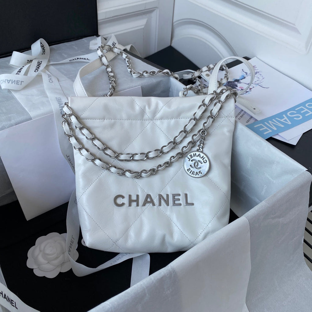 Chanel 22 Mini Handbag AS3263 Calfskin Leather In White Silver