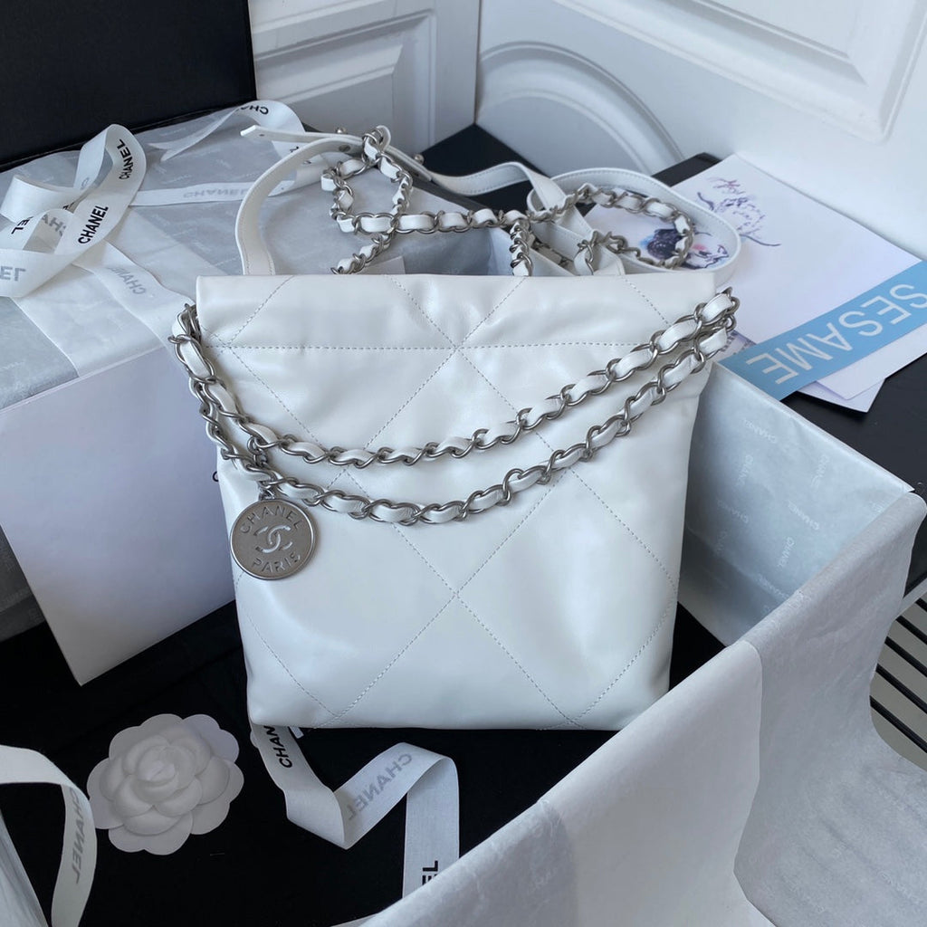 Chanel 22 Mini Handbag AS3263 Calfskin Leather In White Silver
