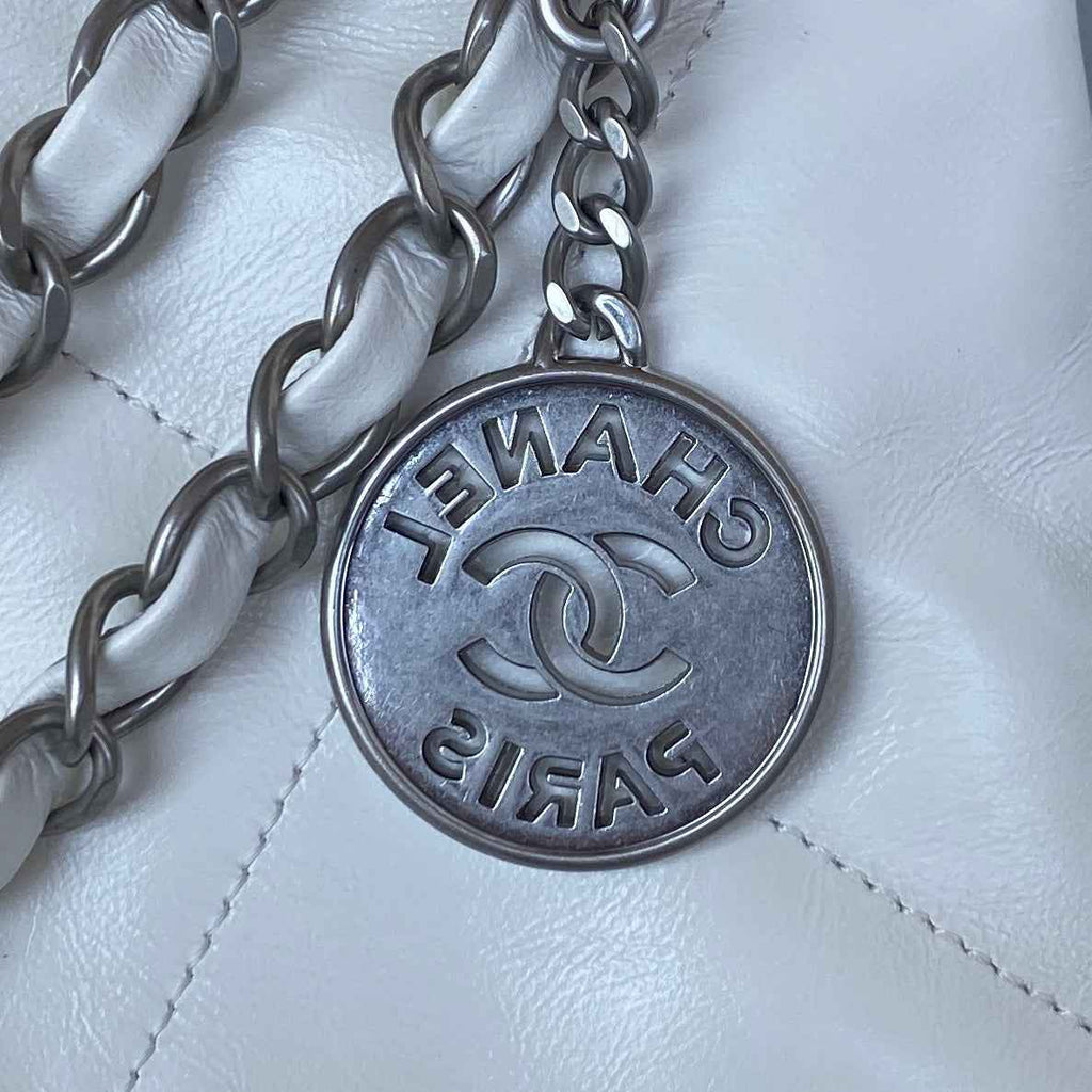Chanel 22 Mini Handbag AS3263 Calfskin Leather In White Silver