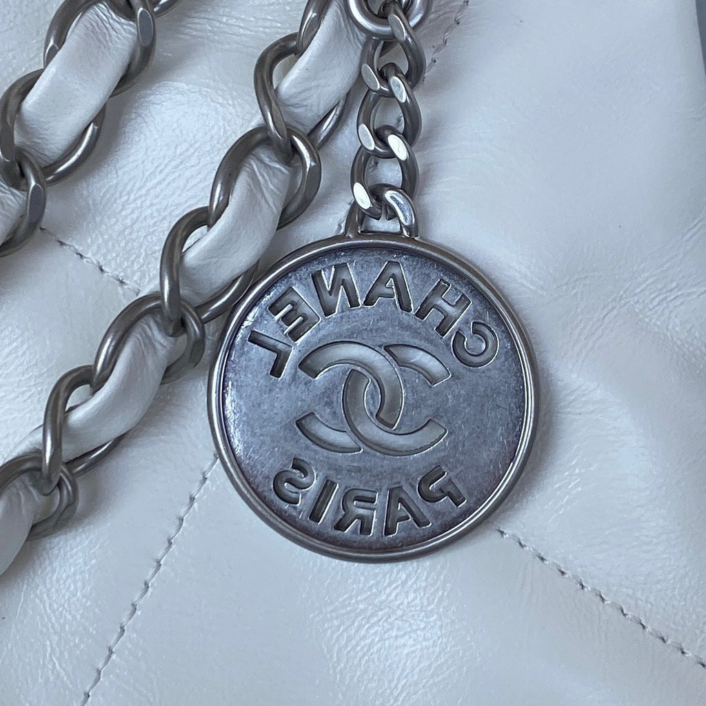 Chanel 22 Mini Handbag AS3263 Calfskin Leather In White Silver