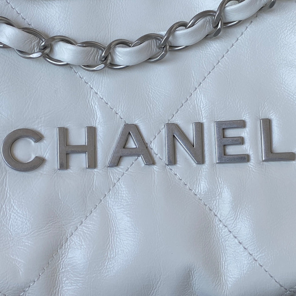 Chanel 22 Mini Handbag AS3263 Calfskin Leather In White Silver