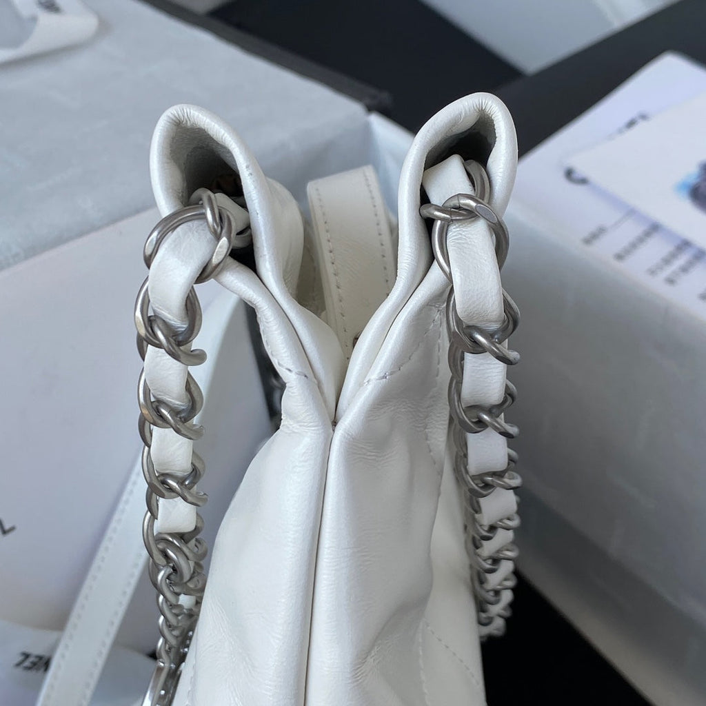 Chanel 22 Mini Handbag AS3263 Calfskin Leather In White Silver