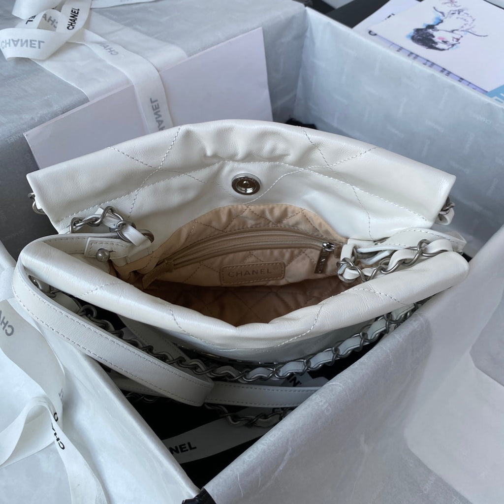 Chanel 22 Mini Handbag AS3263 Calfskin Leather In White Silver