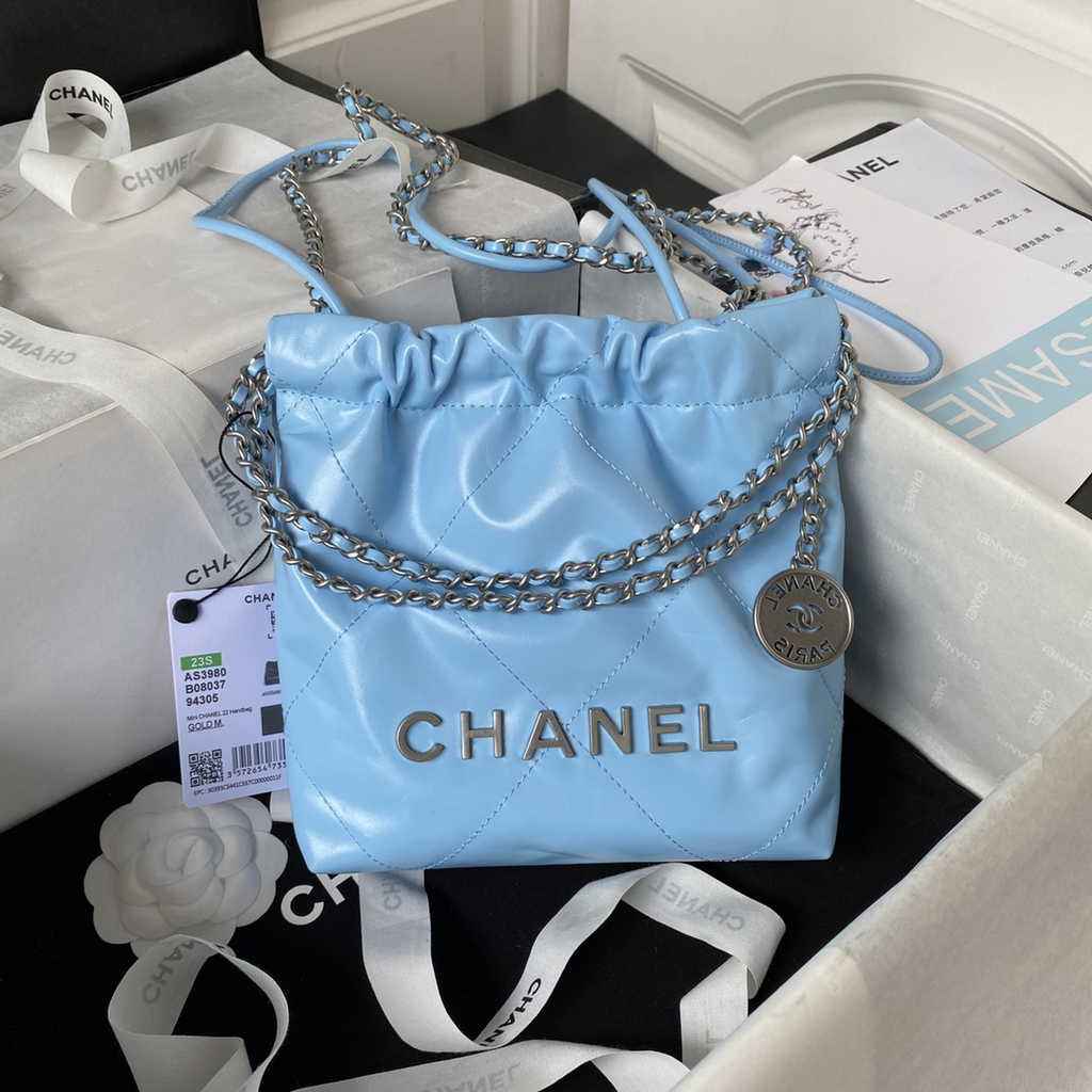 Chanel 22 Mini Handbag AS3980 Shiny Calfskin Silver-Tone Metal Light Blue