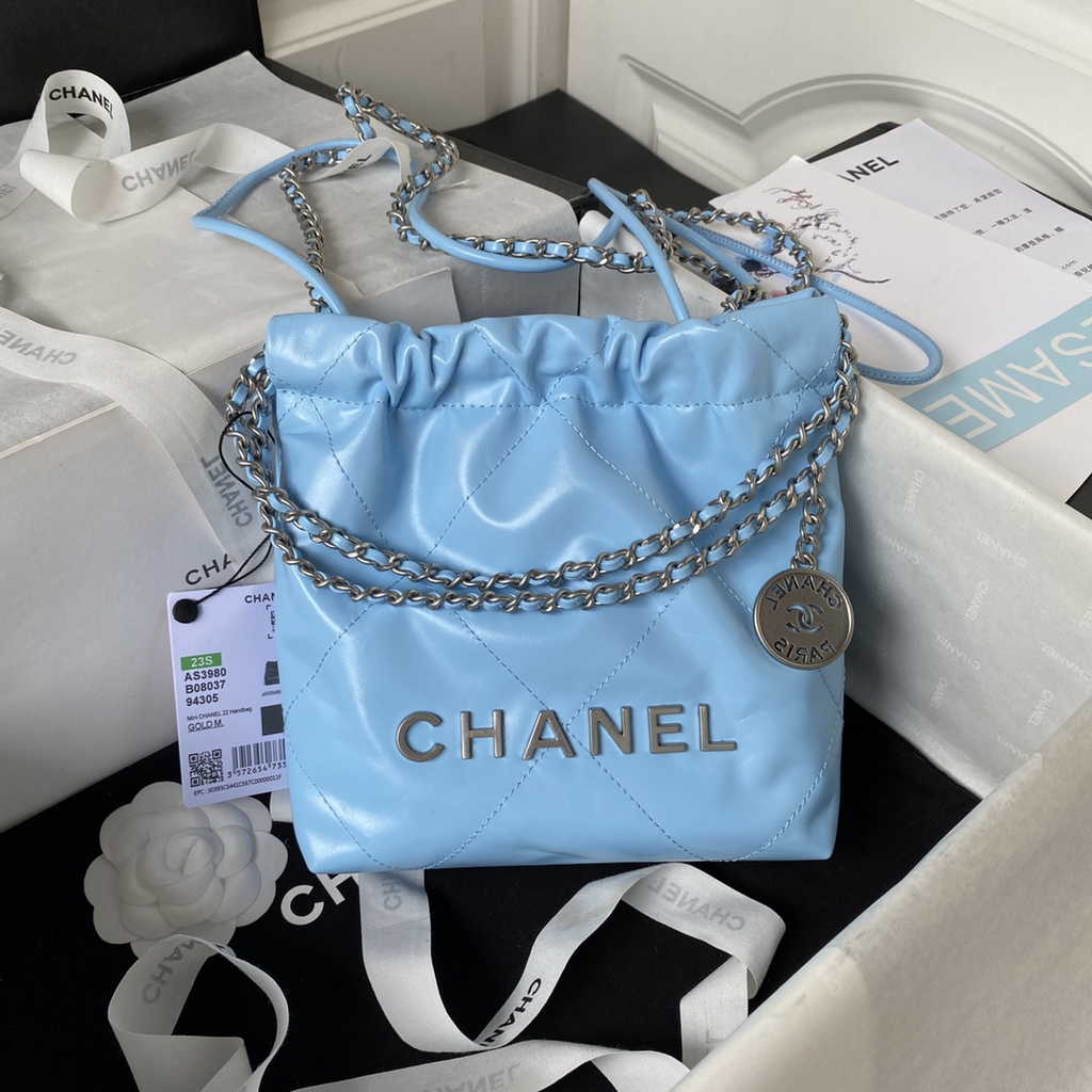 Chanel 22 Mini Handbag AS3980 Shiny Calfskin Silver-Tone Metal Light Blue