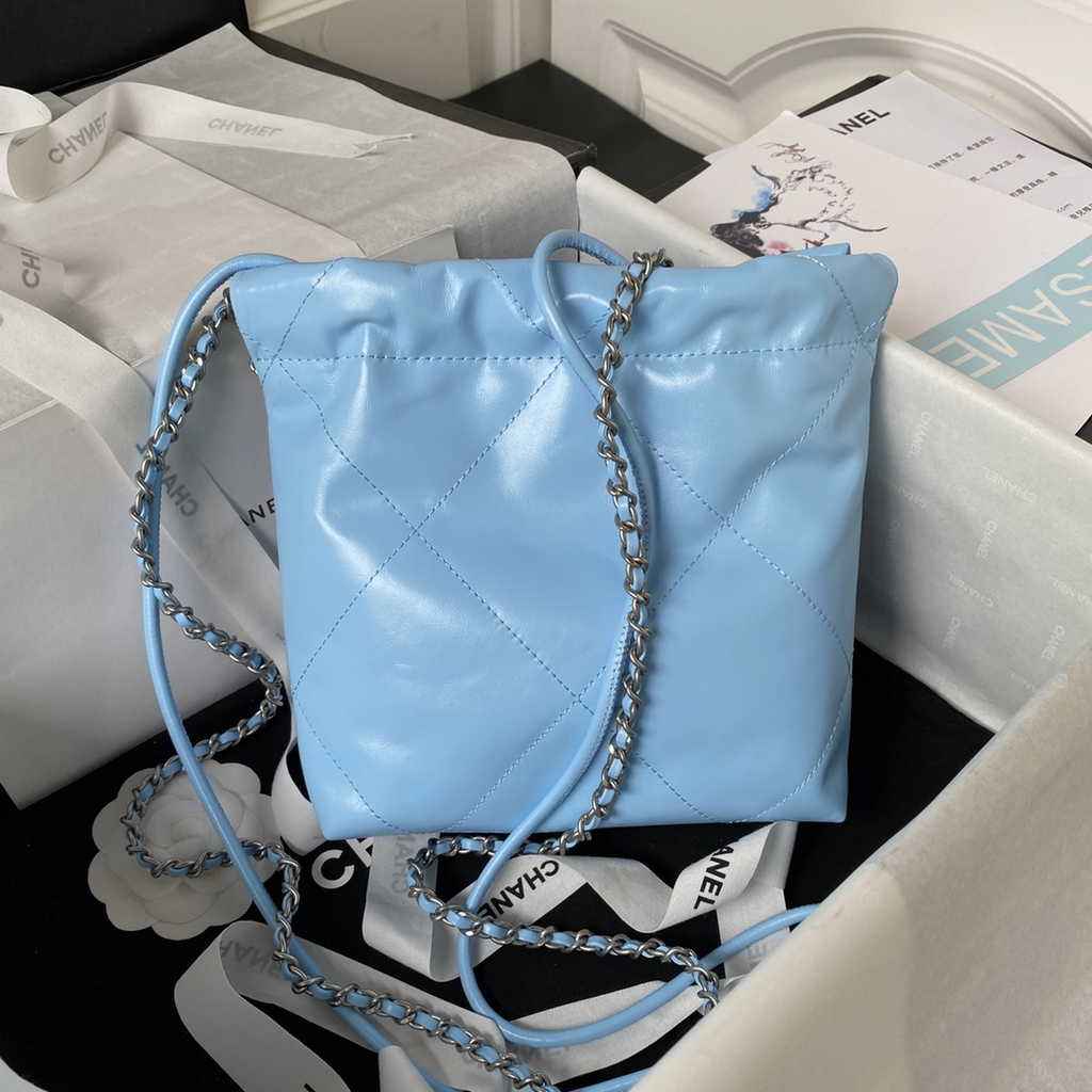 Chanel 22 Mini Handbag AS3980 Shiny Calfskin Silver-Tone Metal Light Blue