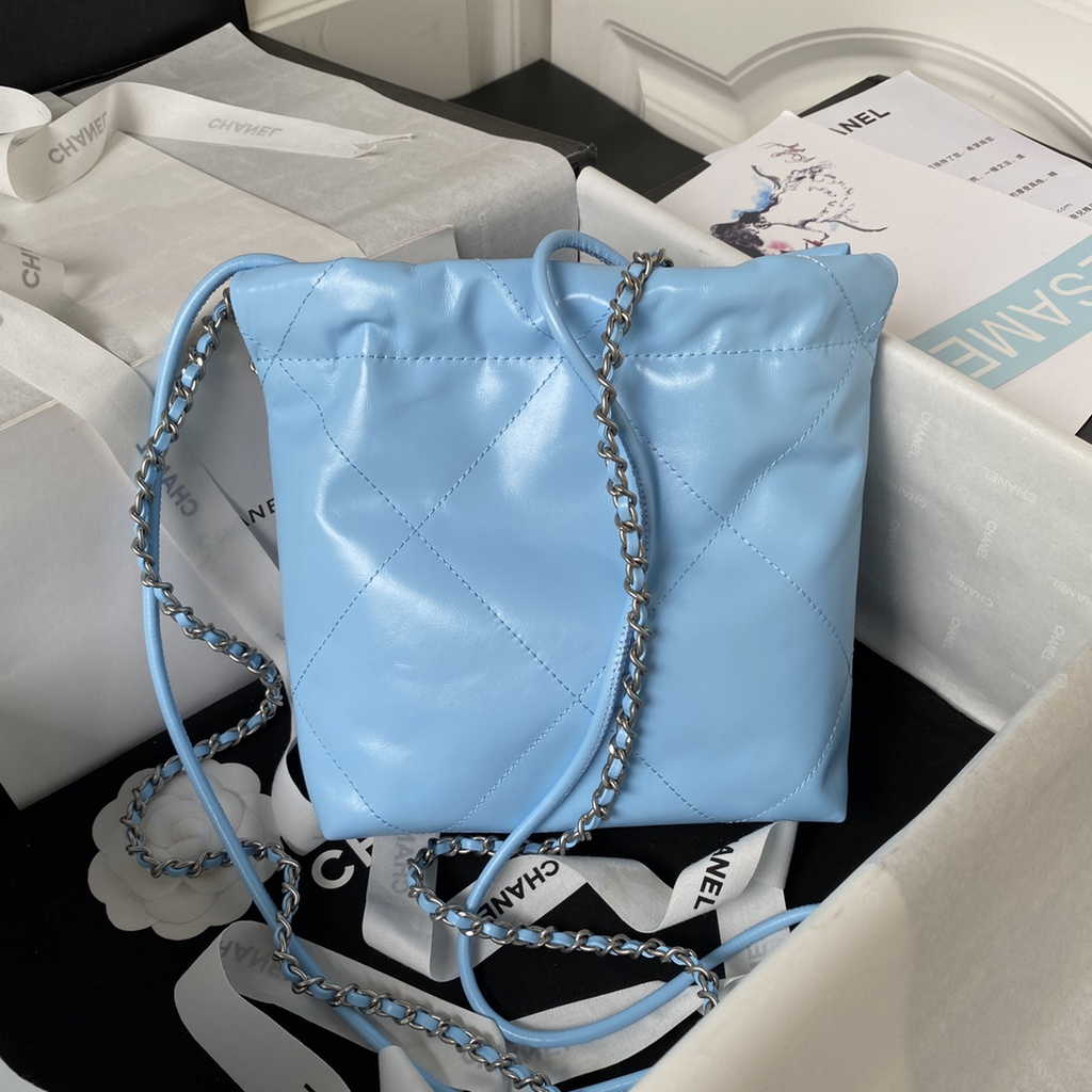 Chanel 22 Mini Handbag AS3980 Shiny Calfskin Silver-Tone Metal Light Blue