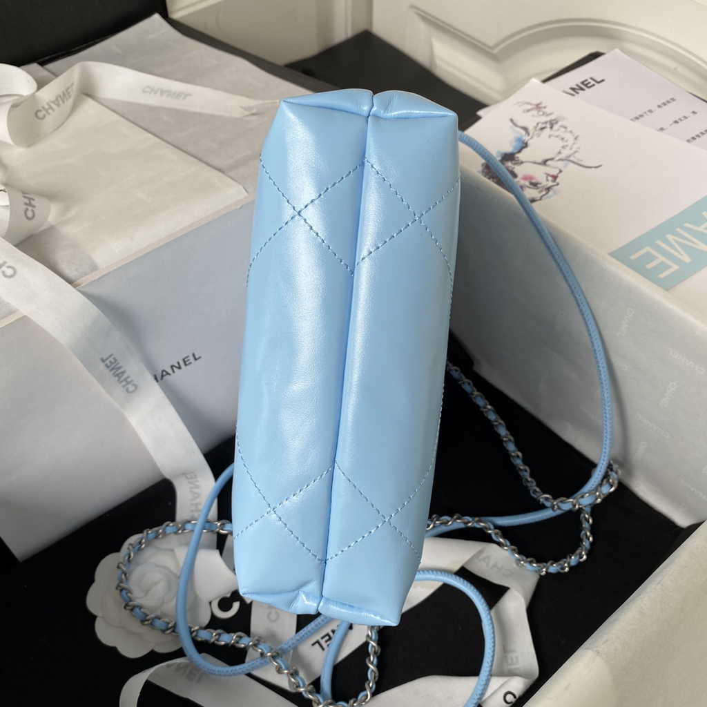 Chanel 22 Mini Handbag AS3980 Shiny Calfskin Silver-Tone Metal Light Blue