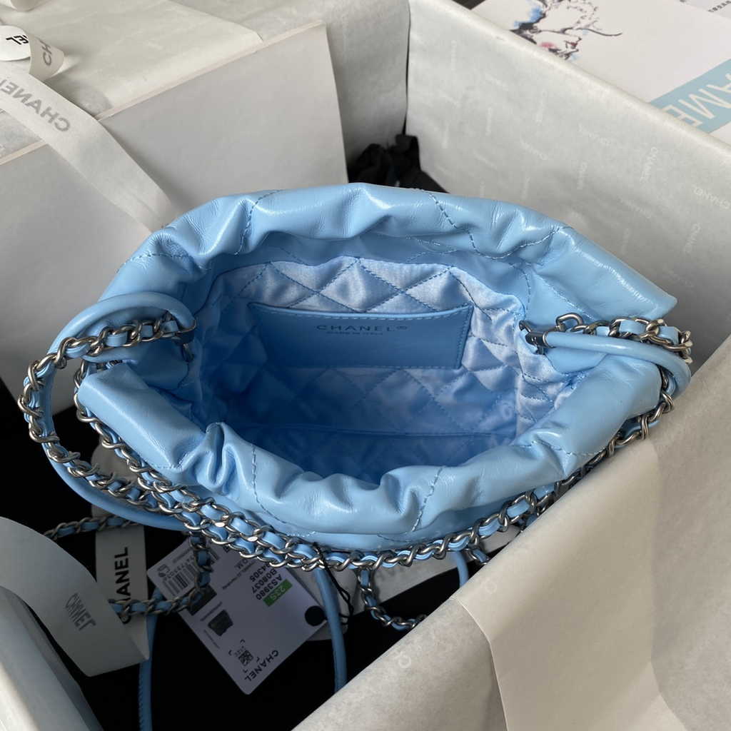 Chanel 22 Mini Handbag AS3980 Shiny Calfskin Silver-Tone Metal Light Blue