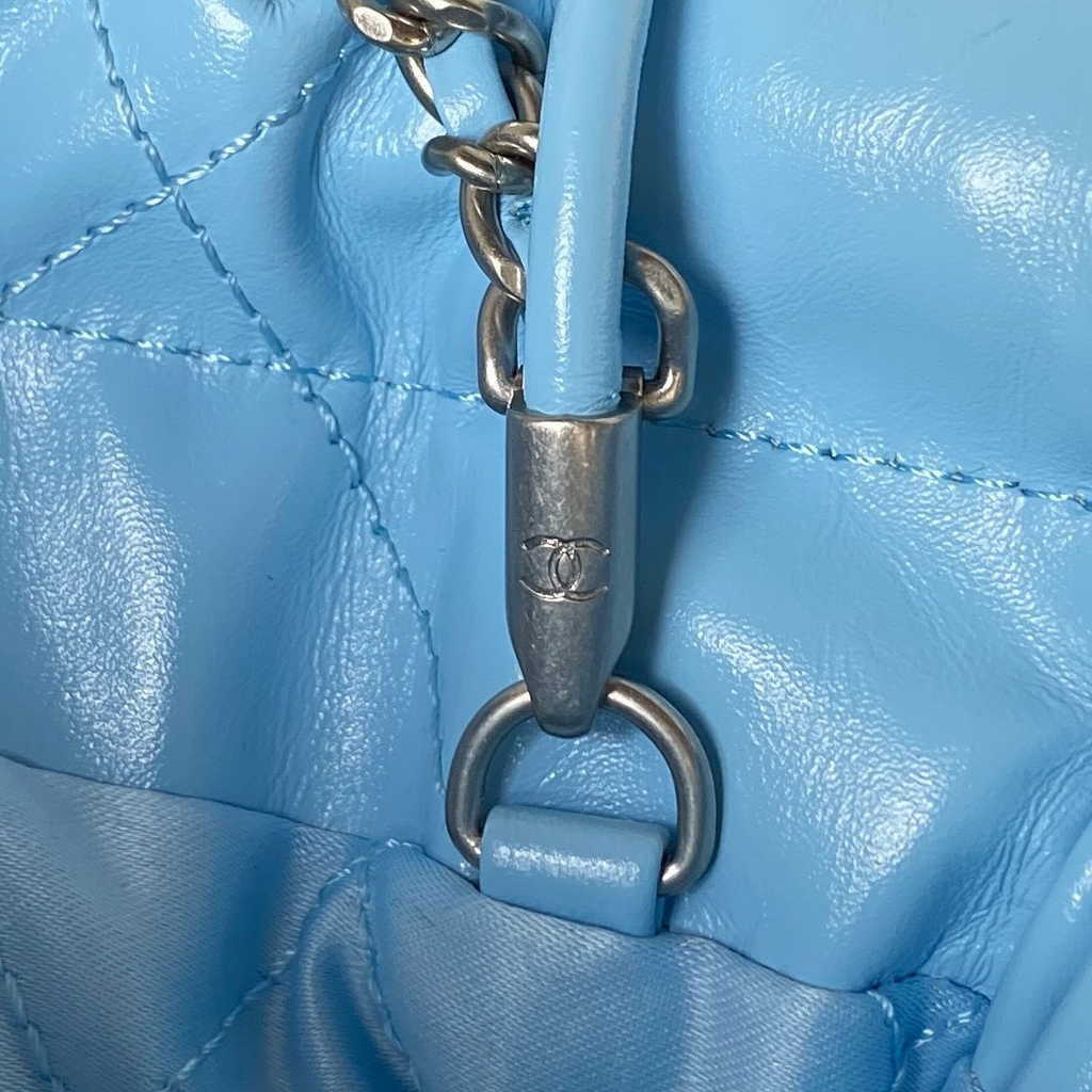Chanel 22 Mini Handbag AS3980 Shiny Calfskin Silver-Tone Metal Light Blue