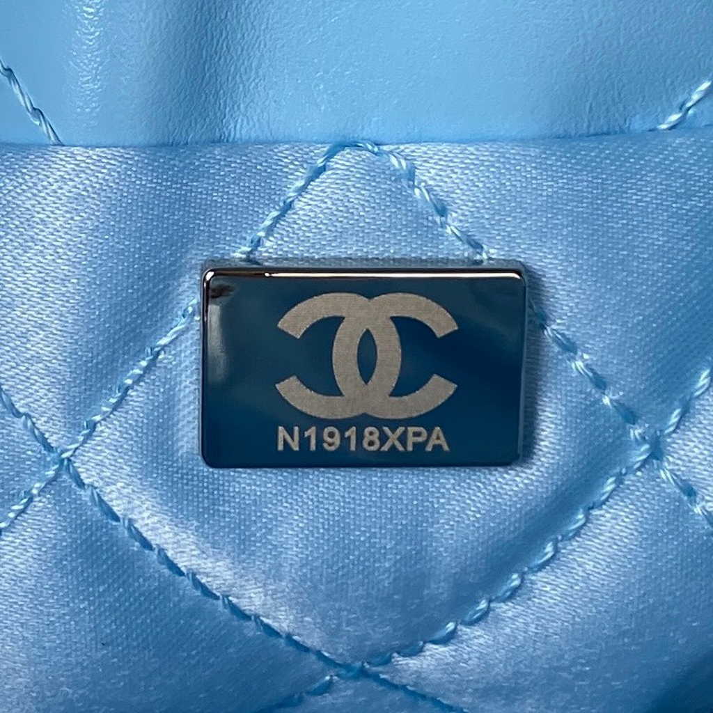 Chanel 22 Mini Handbag AS3980 Shiny Calfskin Silver-Tone Metal Light Blue
