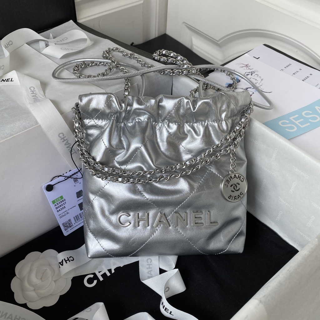 Chanel 22 Mini Handbag AS3980 Shiny Calfskin Silver-Tone Metal Silver