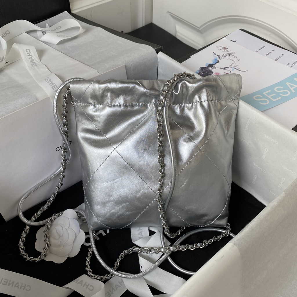 Chanel 22 Mini Handbag AS3980 Shiny Calfskin Silver-Tone Metal Silver