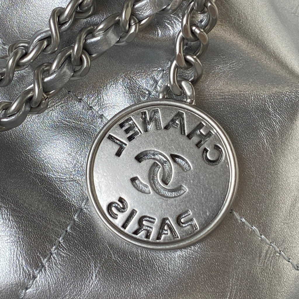 Chanel 22 Mini Handbag AS3980 Shiny Calfskin Silver-Tone Metal Silver