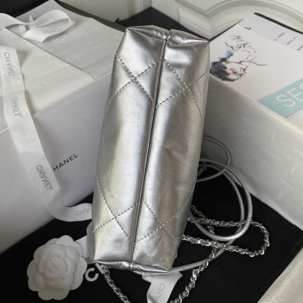 Chanel 22 Mini Handbag AS3980 Shiny Calfskin Silver-Tone Metal Silver