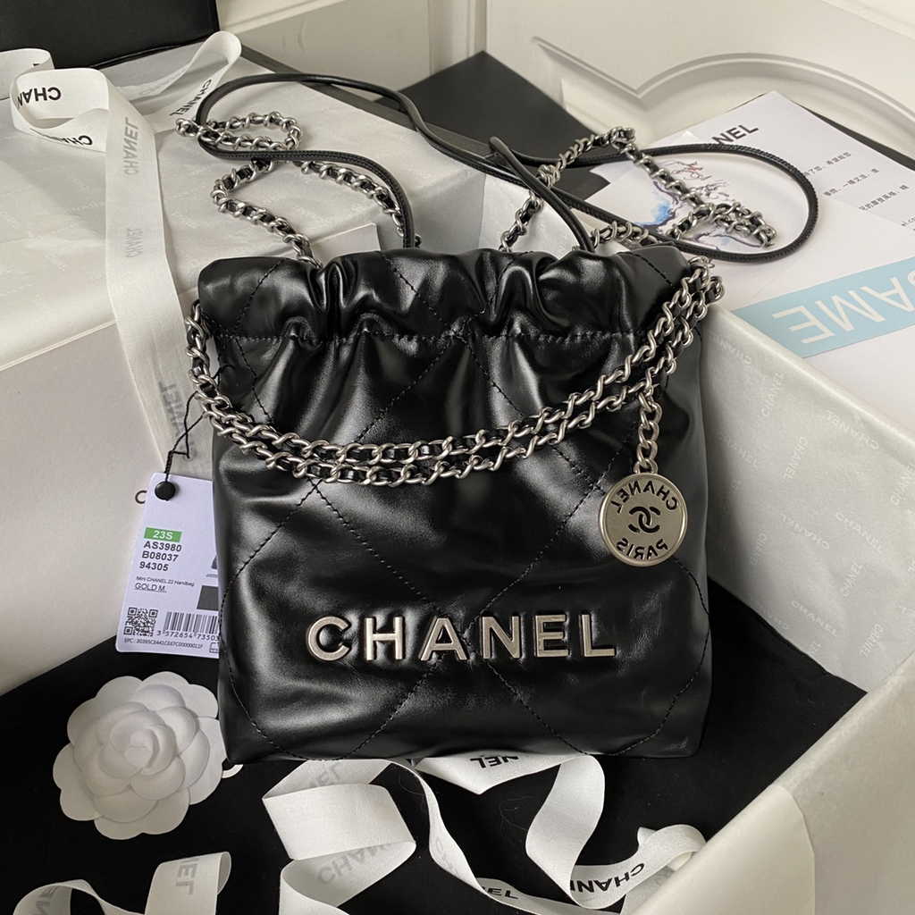 Chanel 22 Mini Handbag AS3980 Shiny Calfskin Silver-Tone Metal Black