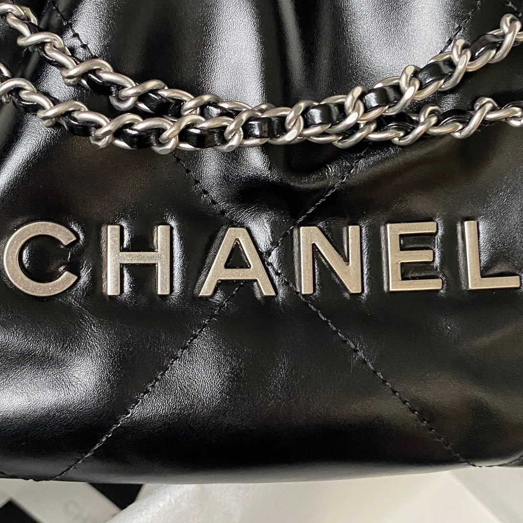 Chanel 22 Mini Handbag AS3980 Shiny Calfskin Silver-Tone Metal Black