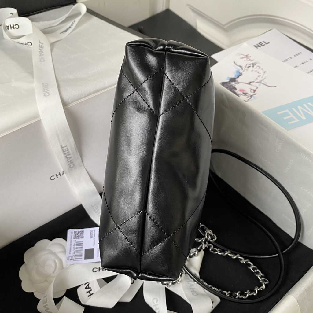 Chanel 22 Mini Handbag AS3980 Shiny Calfskin Silver-Tone Metal Black