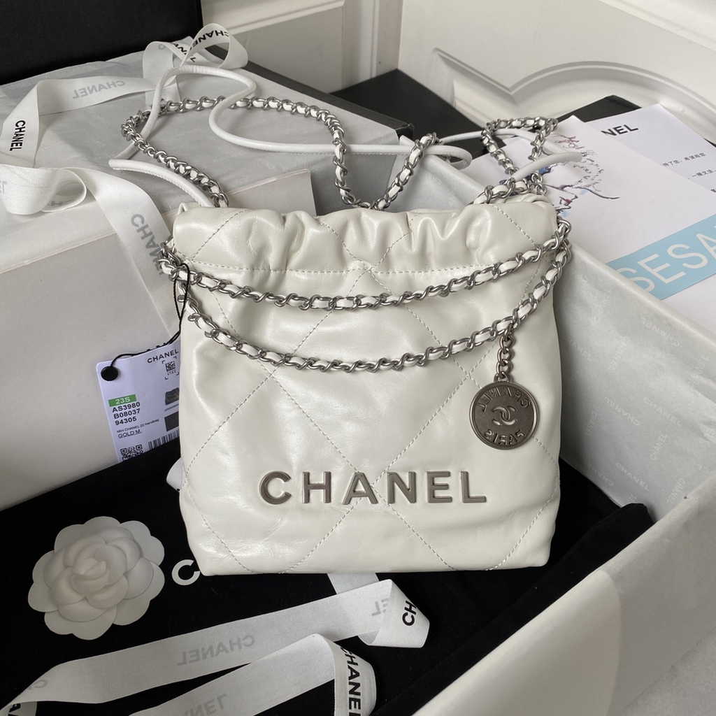 Chanel 22 Mini Handbag AS3980 Shiny Calfskin Silver-Tone Metal White